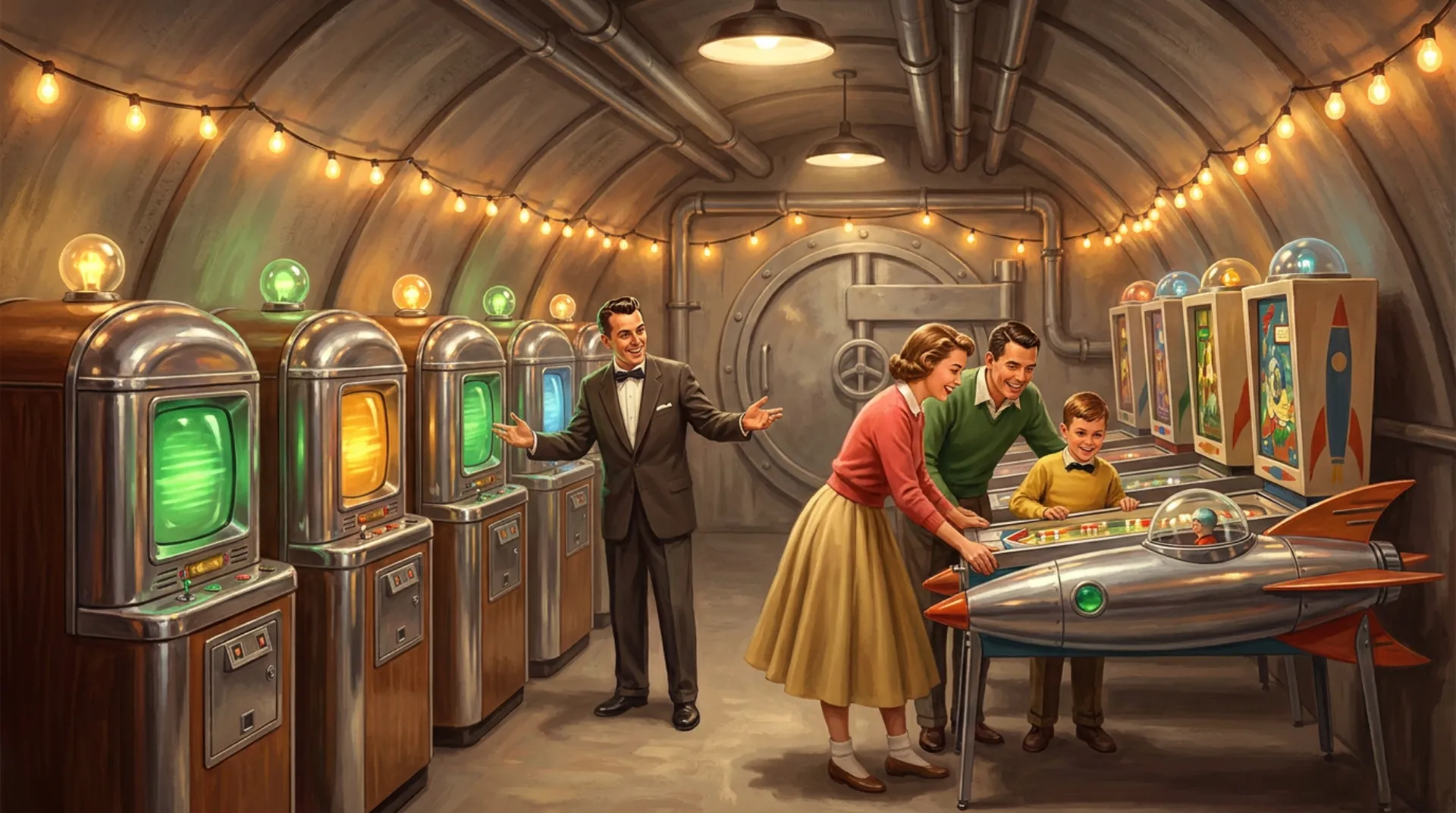 A 1950s fallout-shelter recreation room under a vaulted concrete ceiling strung with warm bulbs: a row of chrome coin-operated game cabinets with glowing green and amber screens, a salesman in a bow tie presenting them, and a smiling family leaning over a rocket-shaped pinball machine near a round vault door.